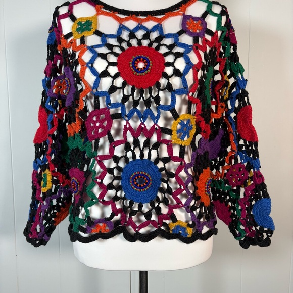 Vintage Crochet Knit Sweater Women’s L Hippie Festival Beaded Long Sleeve - Picture 3 of 7